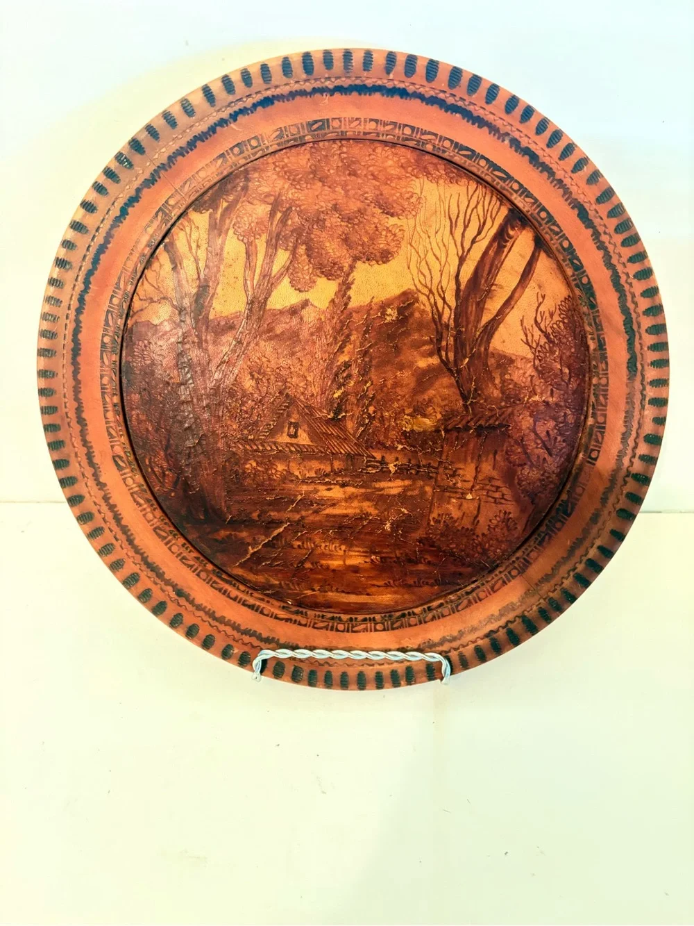 Vintage Pyrography on Leather Wall Plaque Landscape Cabin Scene on Wood Back